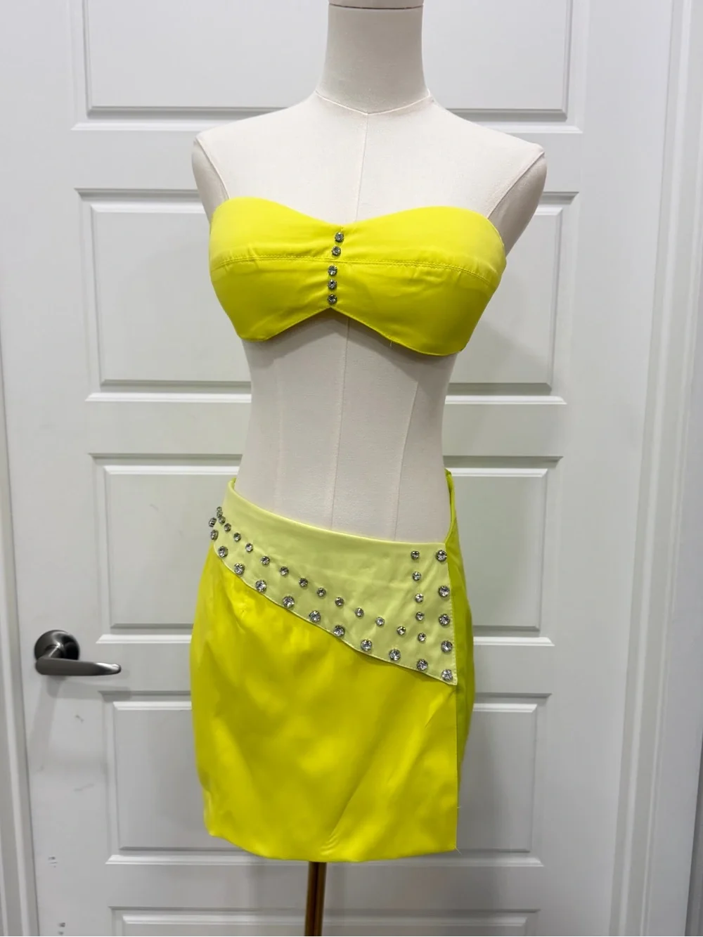 3PC Lime Yellow Rhinestone Embellished Blazer, Bralette & Mini Skirt Set NWT